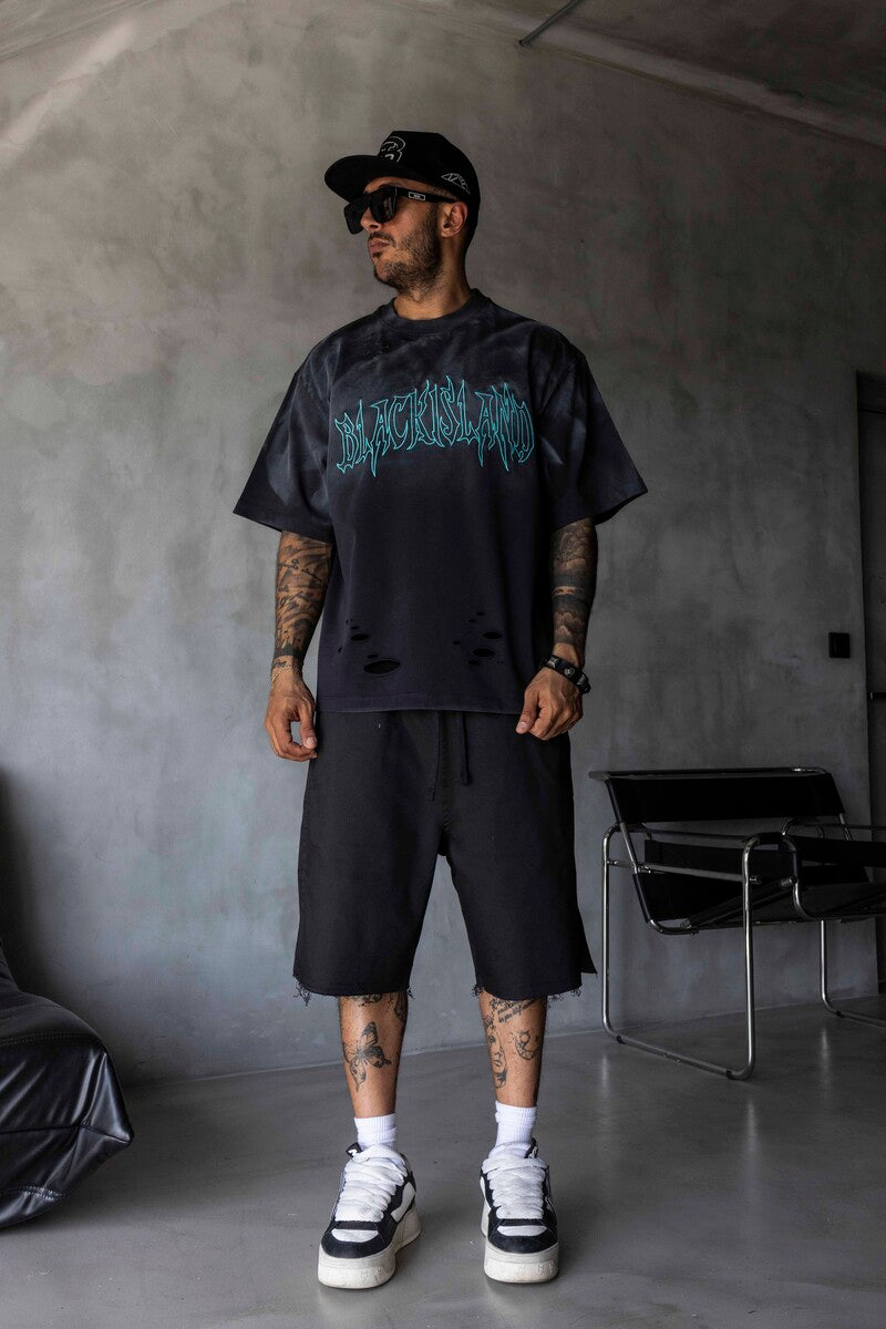 Black Island Printed Washed T-shirts Black 1875