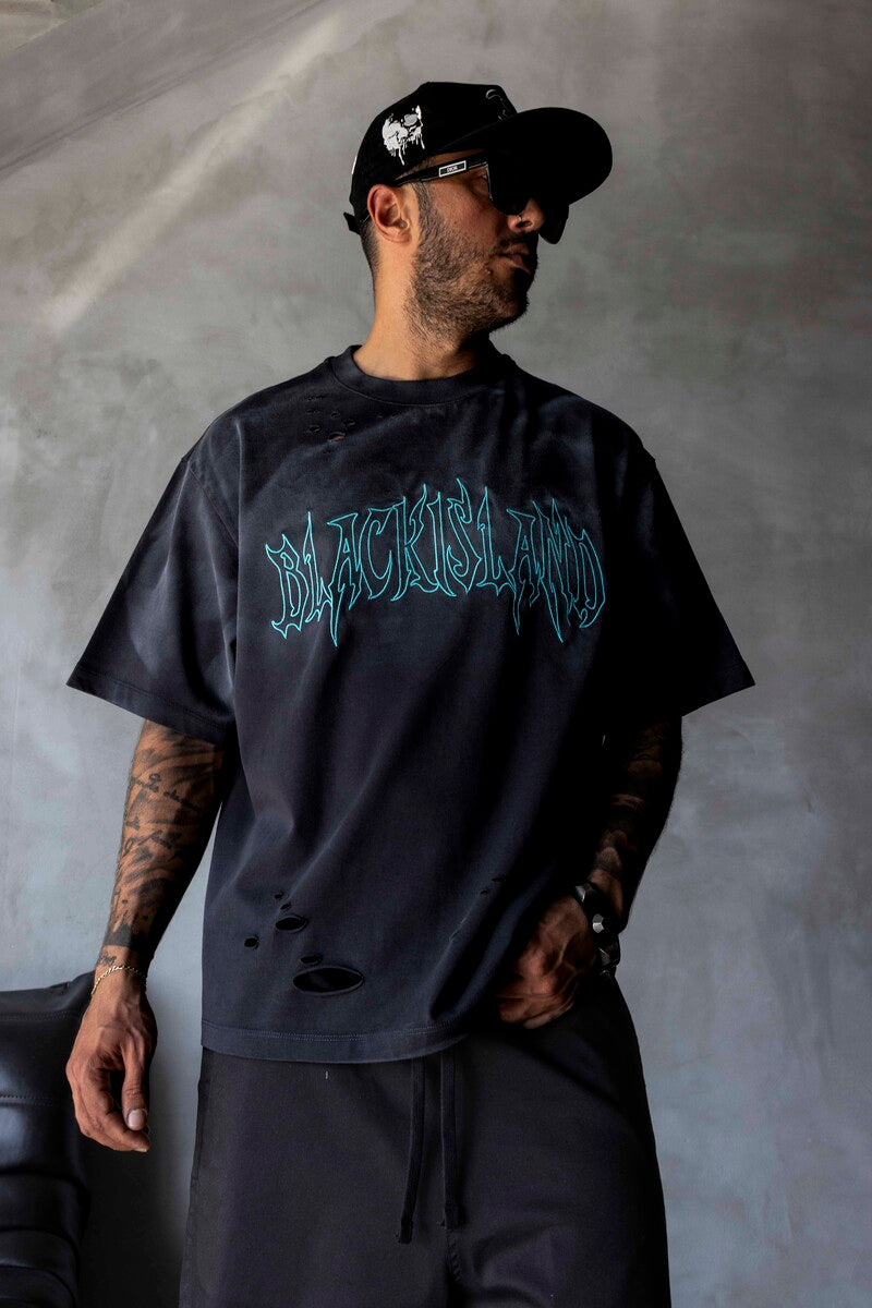 Black Island Printed Washed T-shirts Black 1875