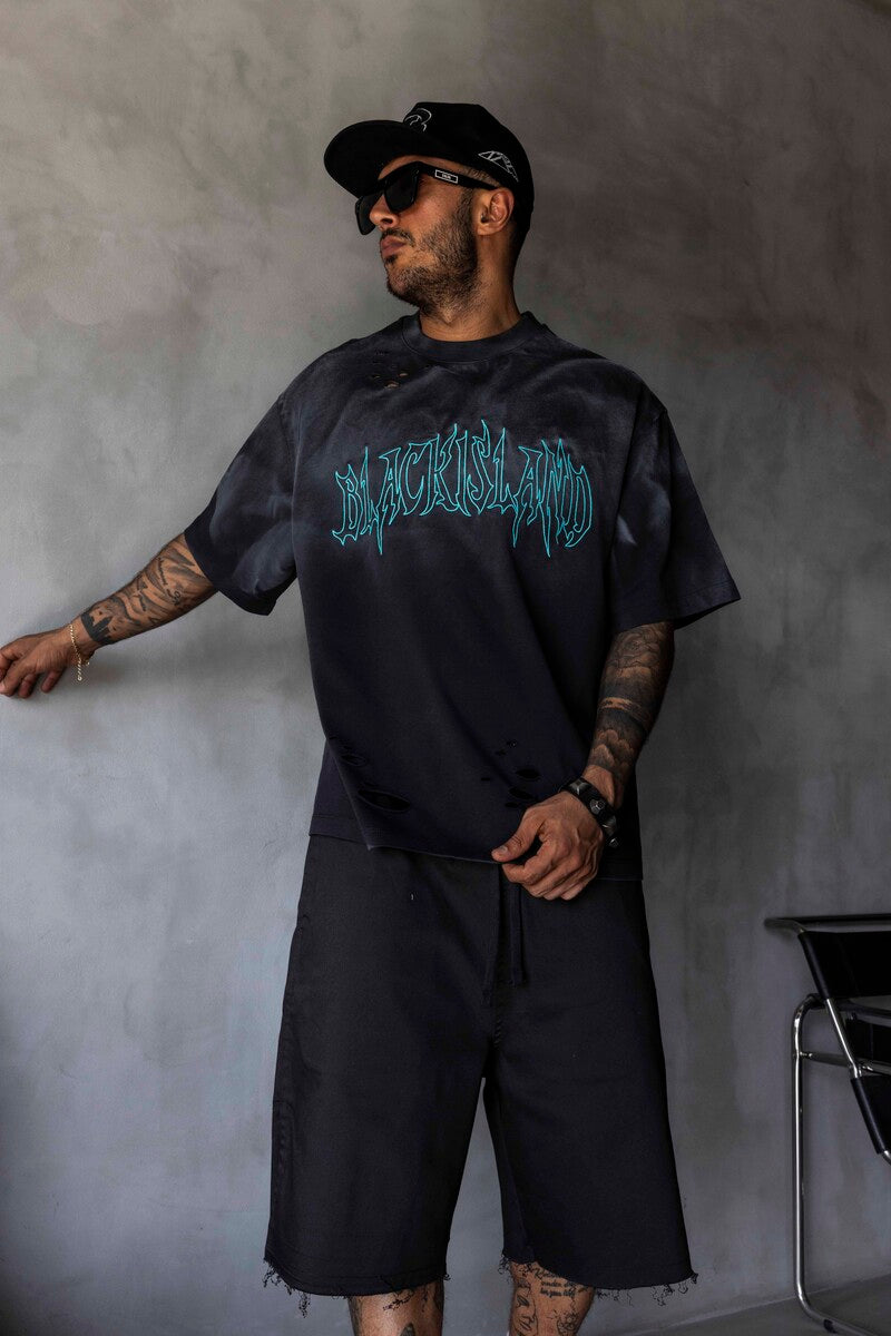 Black Island Printed Washed T-shirts Black 1875