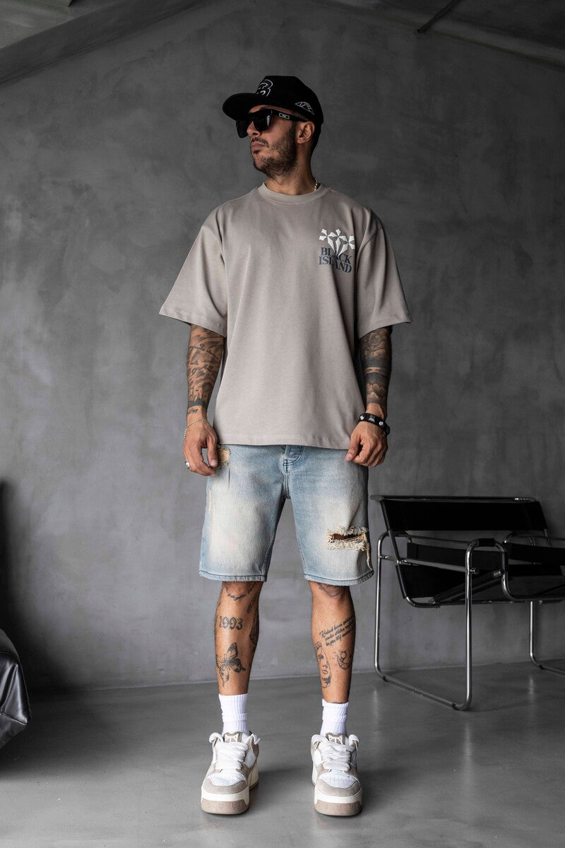 Black Island Printed Washed T-shirts Gray 1868