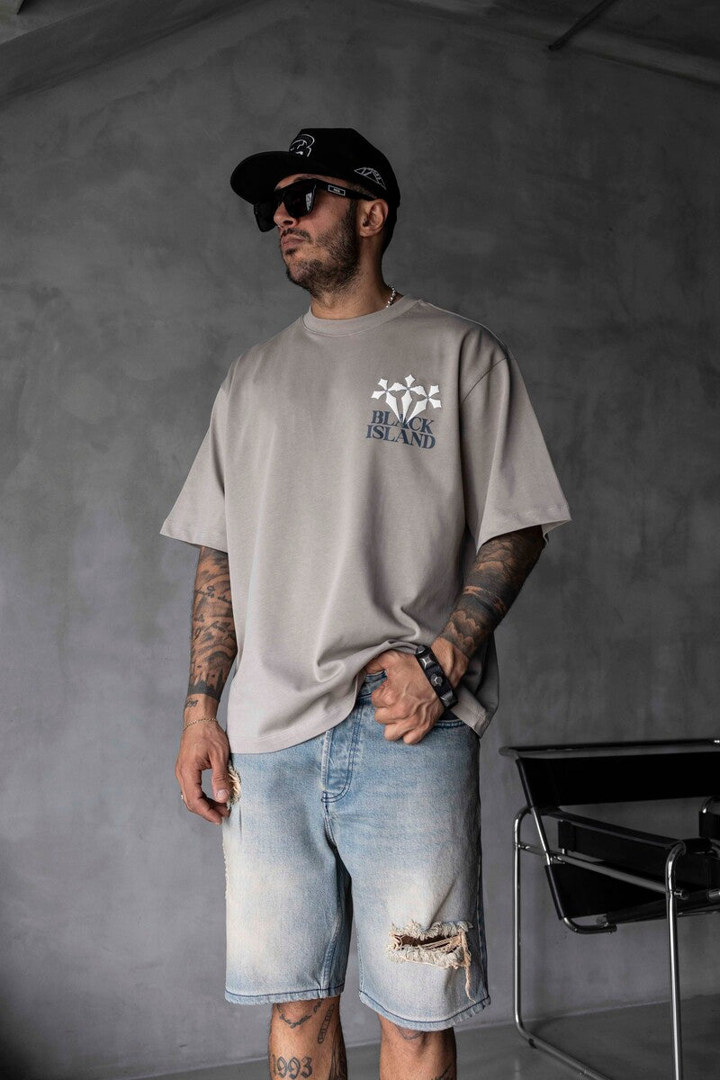 Black Island Printed Washed T-shirts Gray 1868