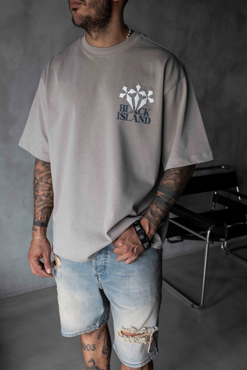 Black Island Printed Washed T-shirts Gray 1868