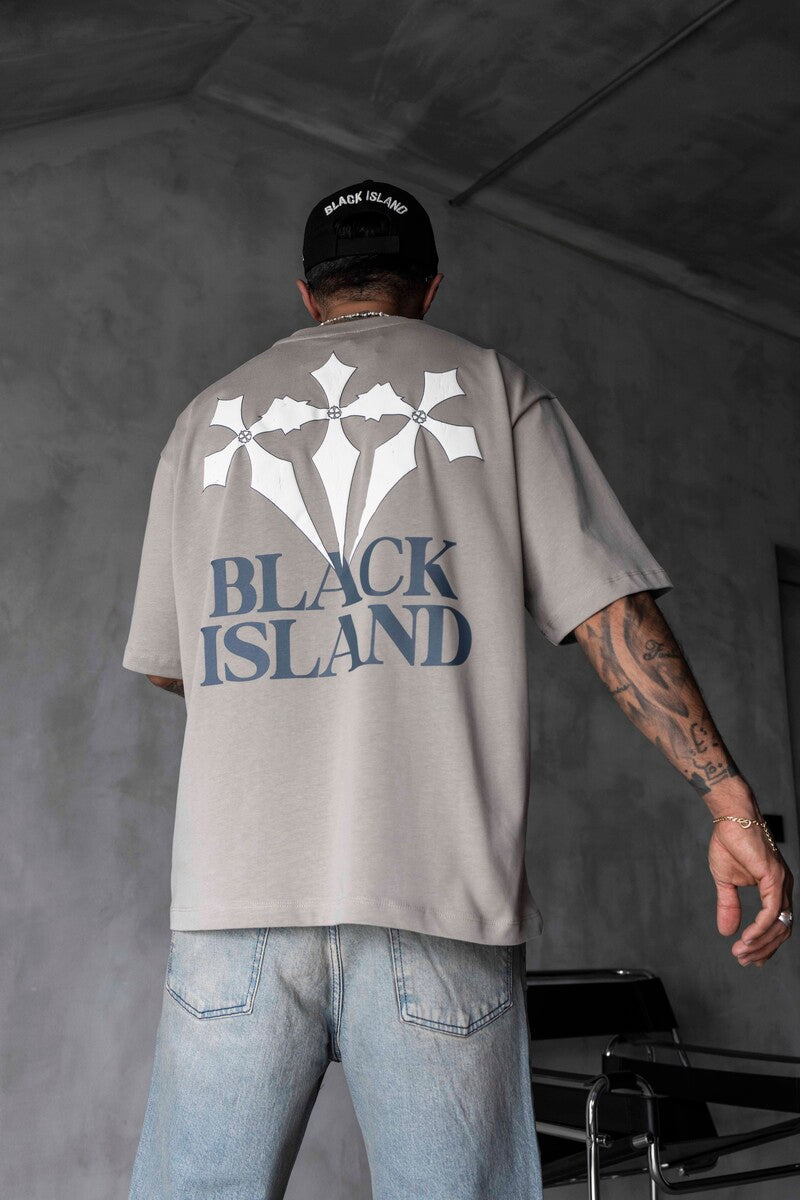Black Island Printed Washed T-shirts Gray 1868