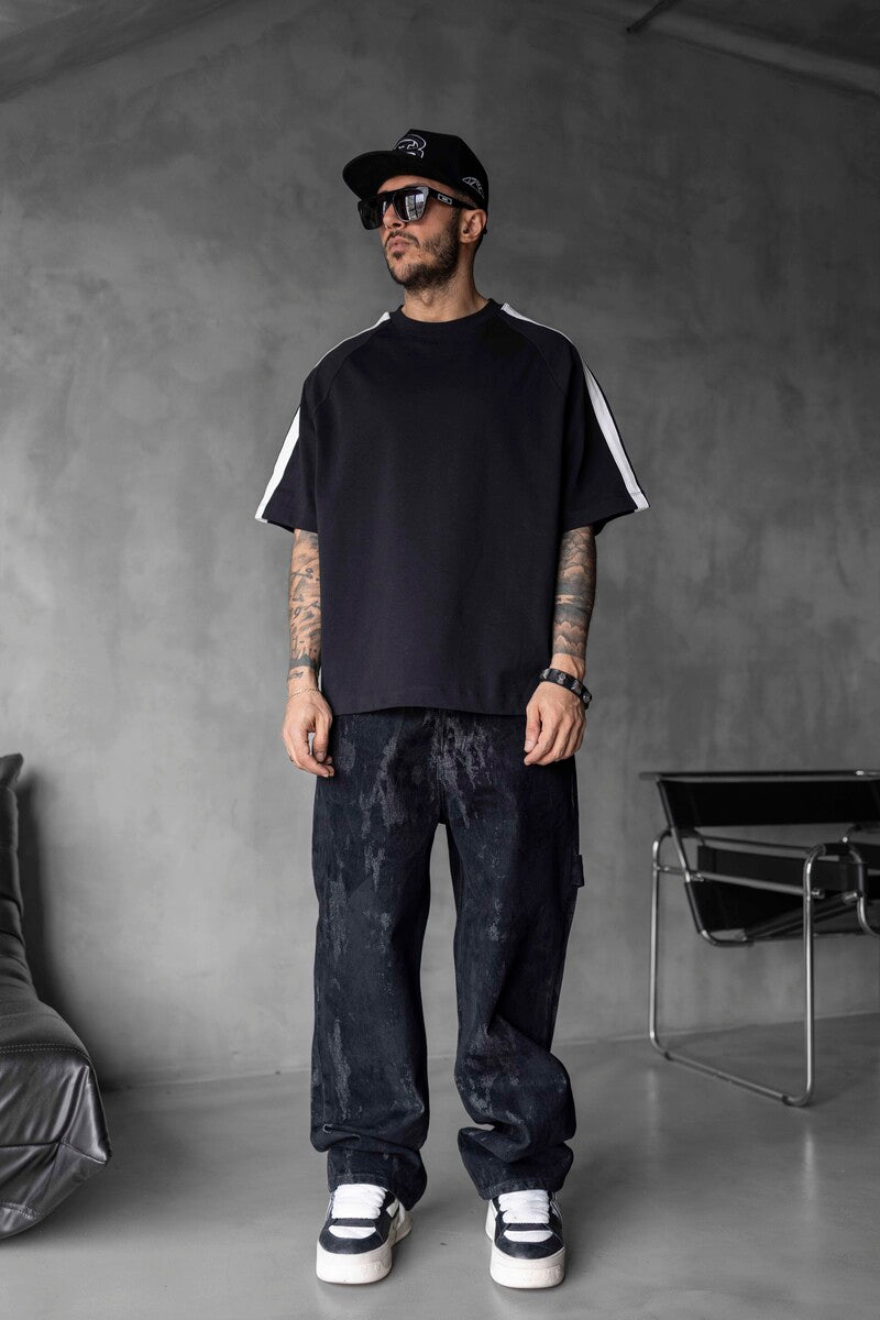 Black Oversized T-Shirt with Black Stripes 1834