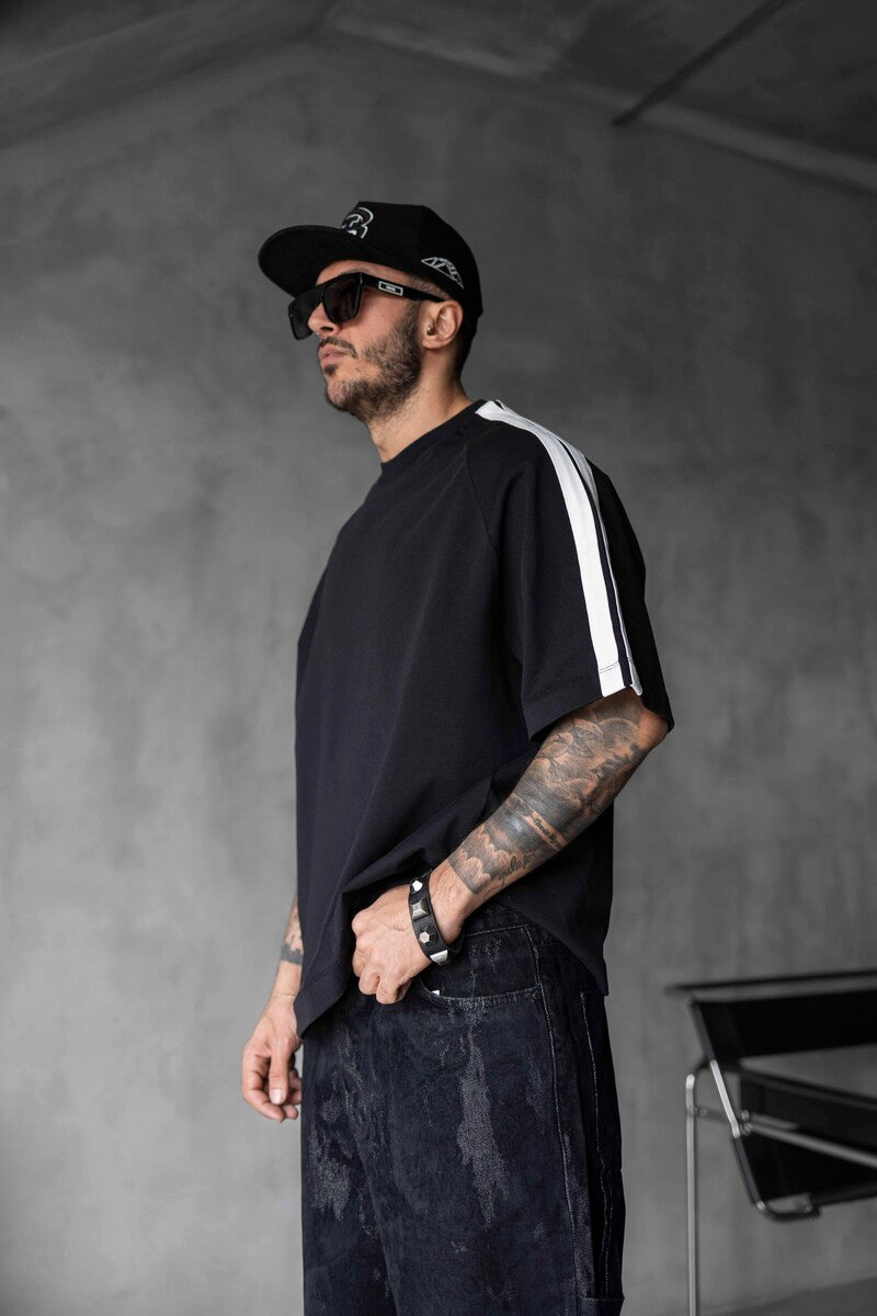 Black Oversized T-Shirt with Black Stripes 1834
