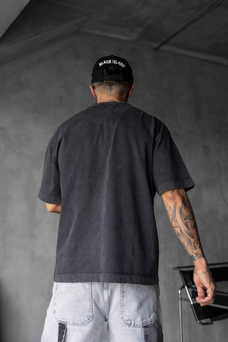 BLACK PRINTED WASHED T-SHIRT BLACK 1808