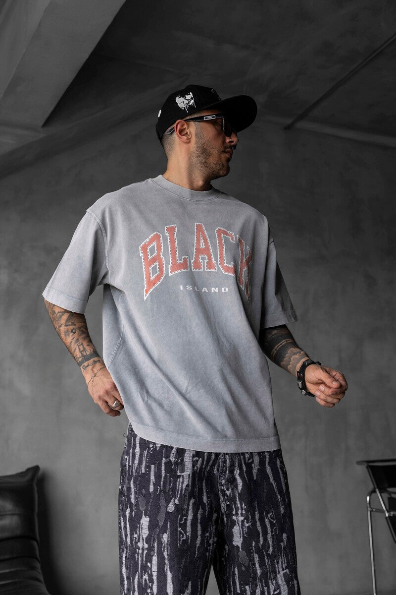 BLACK PRINTED WASHED T-SHIRT GRAY 1808