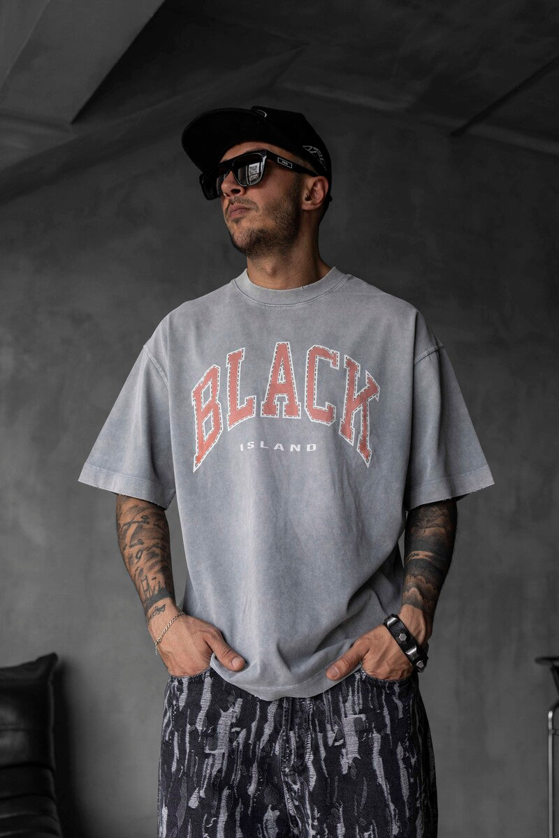 BLACK PRINTED WASHED T-SHIRT GRAY 1808