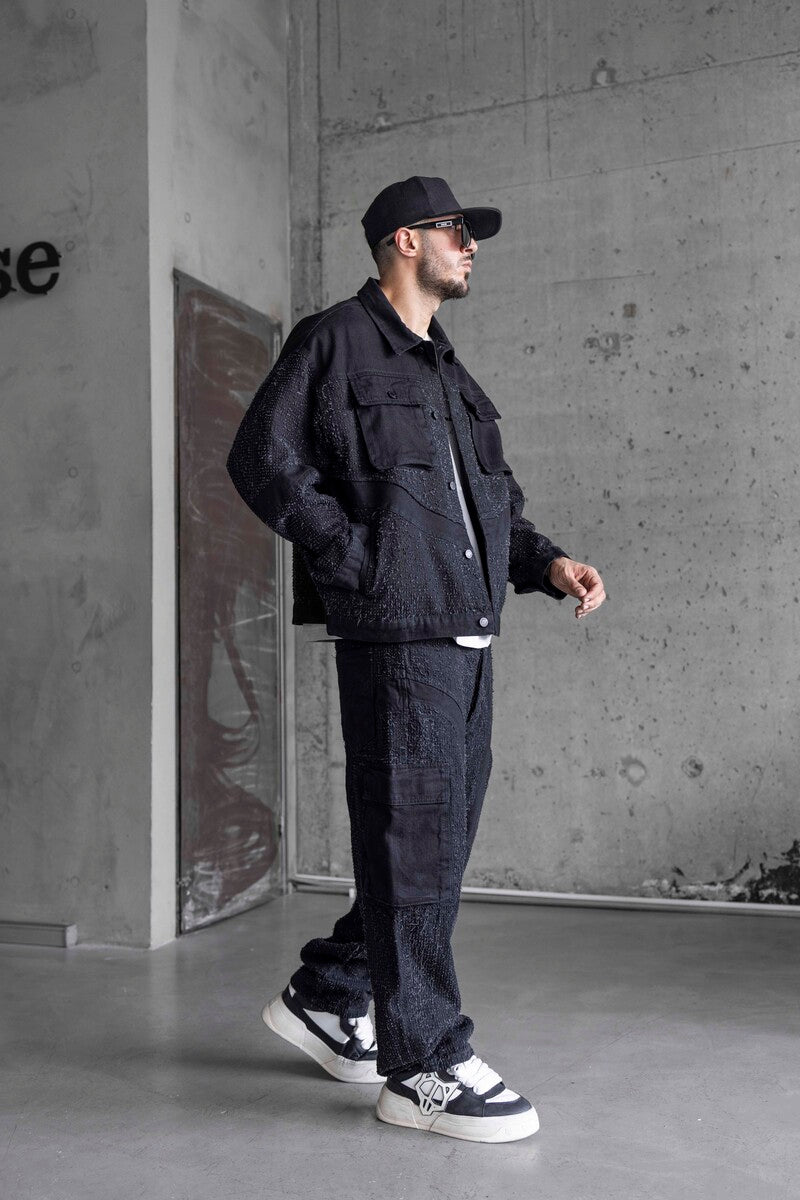 BLACK TEXTURED DENIM JACKET 16941