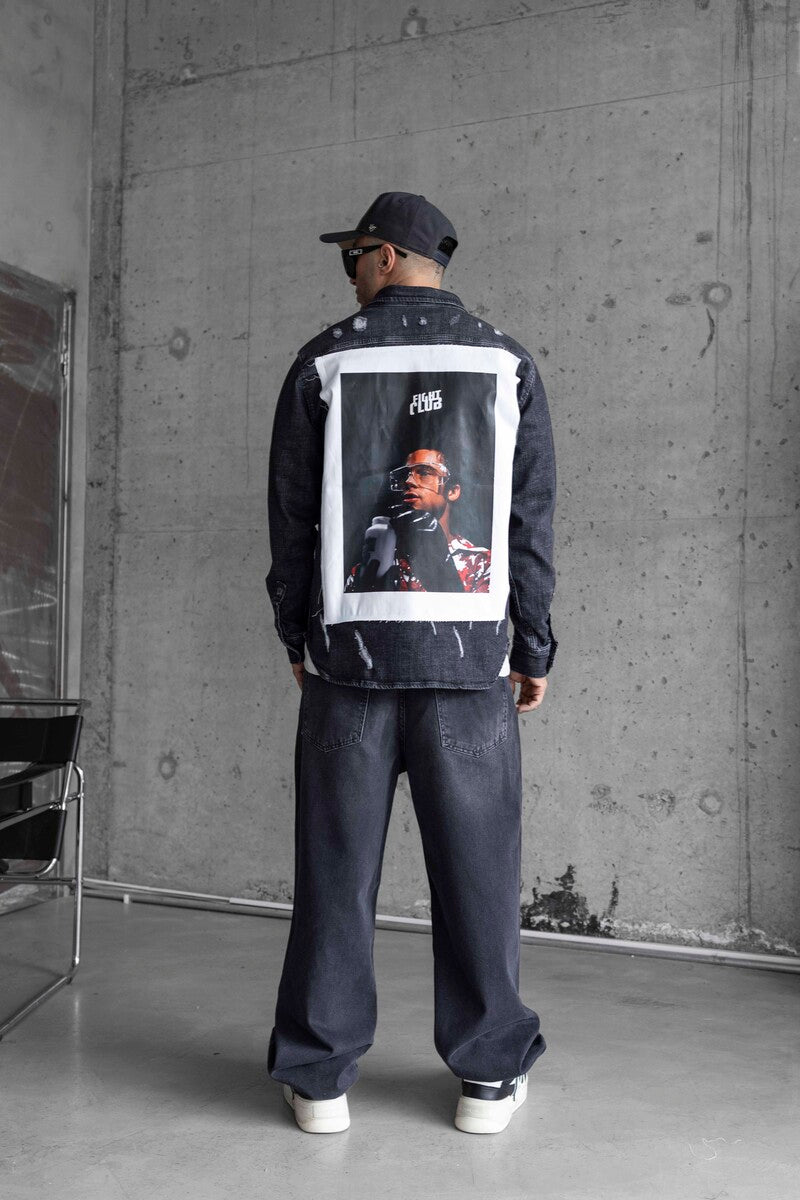BRAD PITT PRINTED DENIM JACKET SETS BLACK 16969