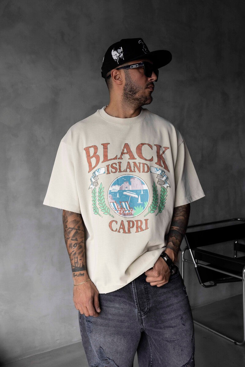 Capri Vintage Printed Oversize Beige T-Shirt 1857