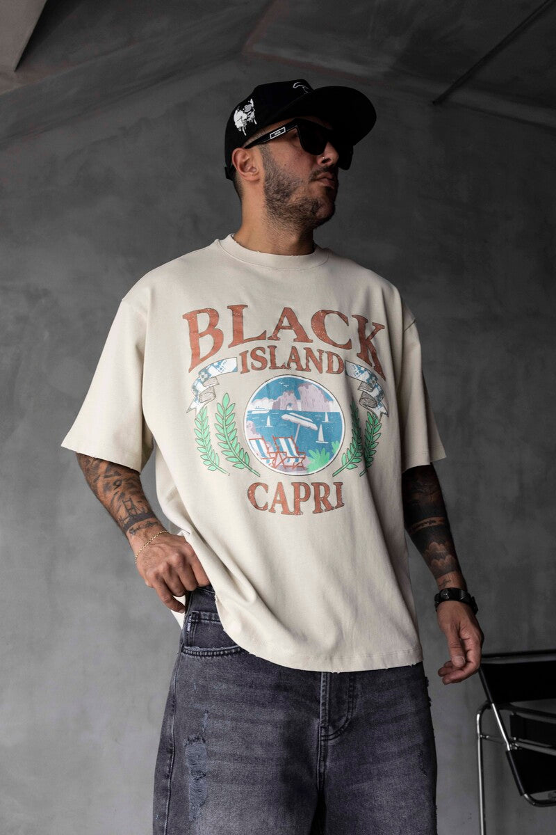 Capri Vintage Printed Oversize Beige T-Shirt 1857
