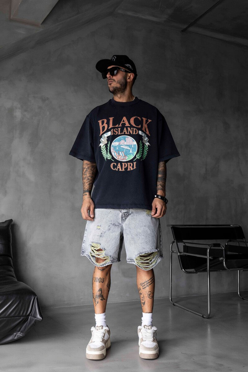 Capri Vintage Printed Oversize Black T-Shirt 1857