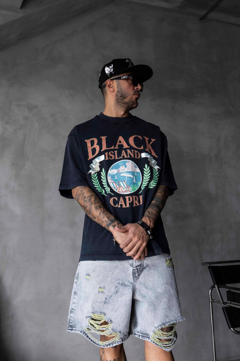 Capri Vintage Printed Oversize Black T-Shirt 1857