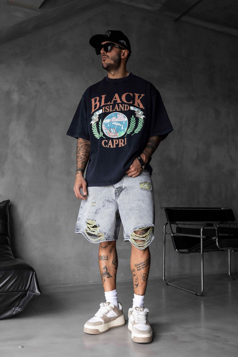 Capri Vintage Printed Oversize Black T-Shirt 1857