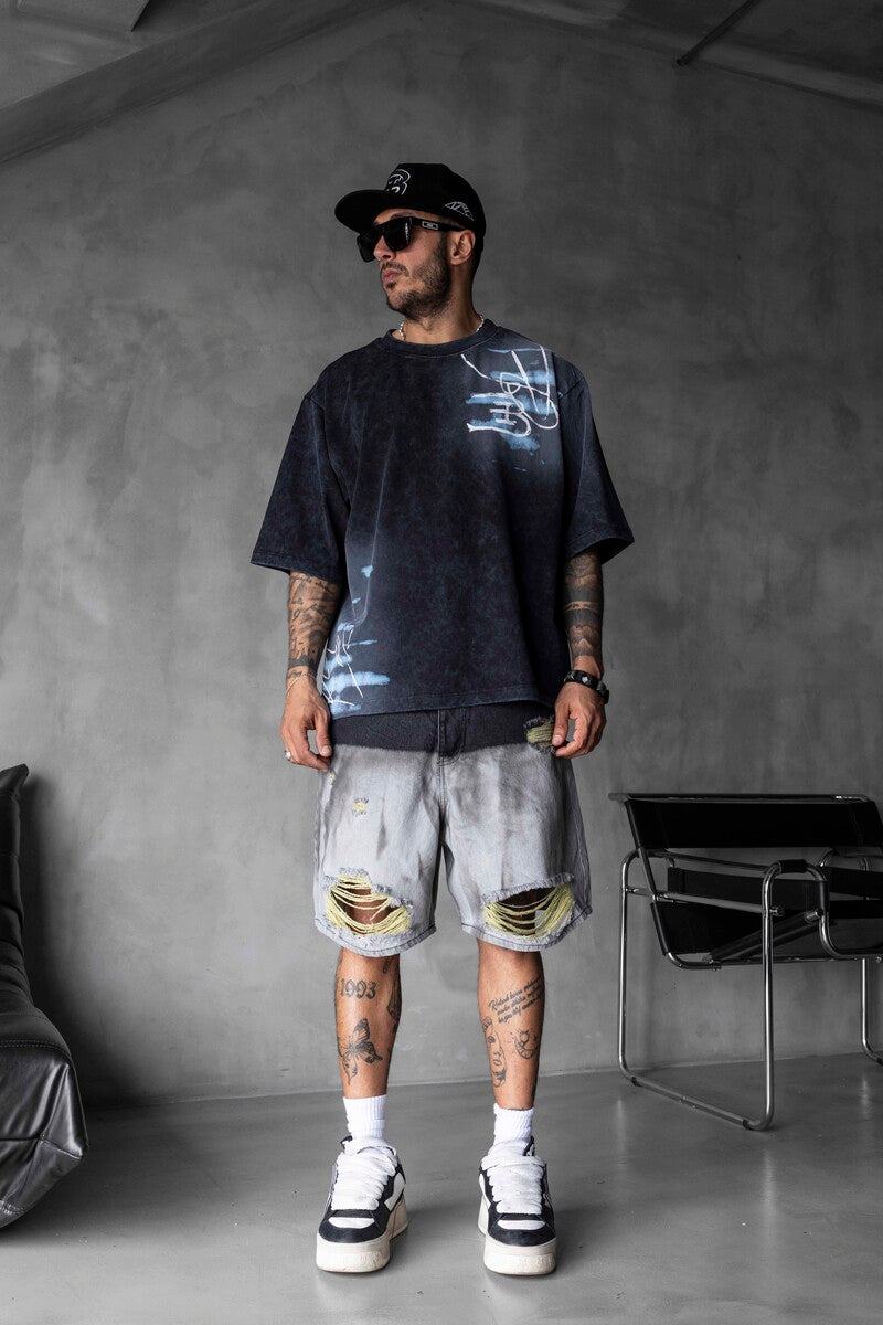 Colorful Dog Print Oversized Black T-Shirt 1859