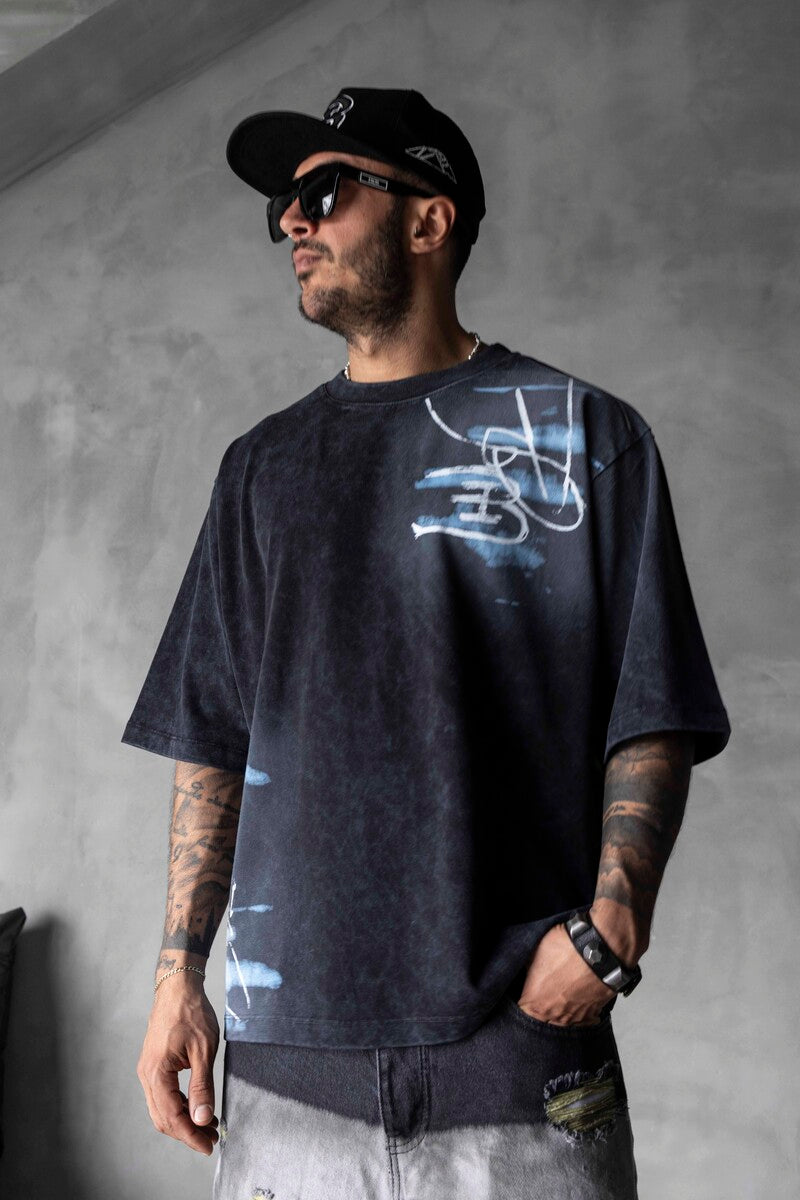 Colorful Dog Print Oversized Black T-Shirt 1859