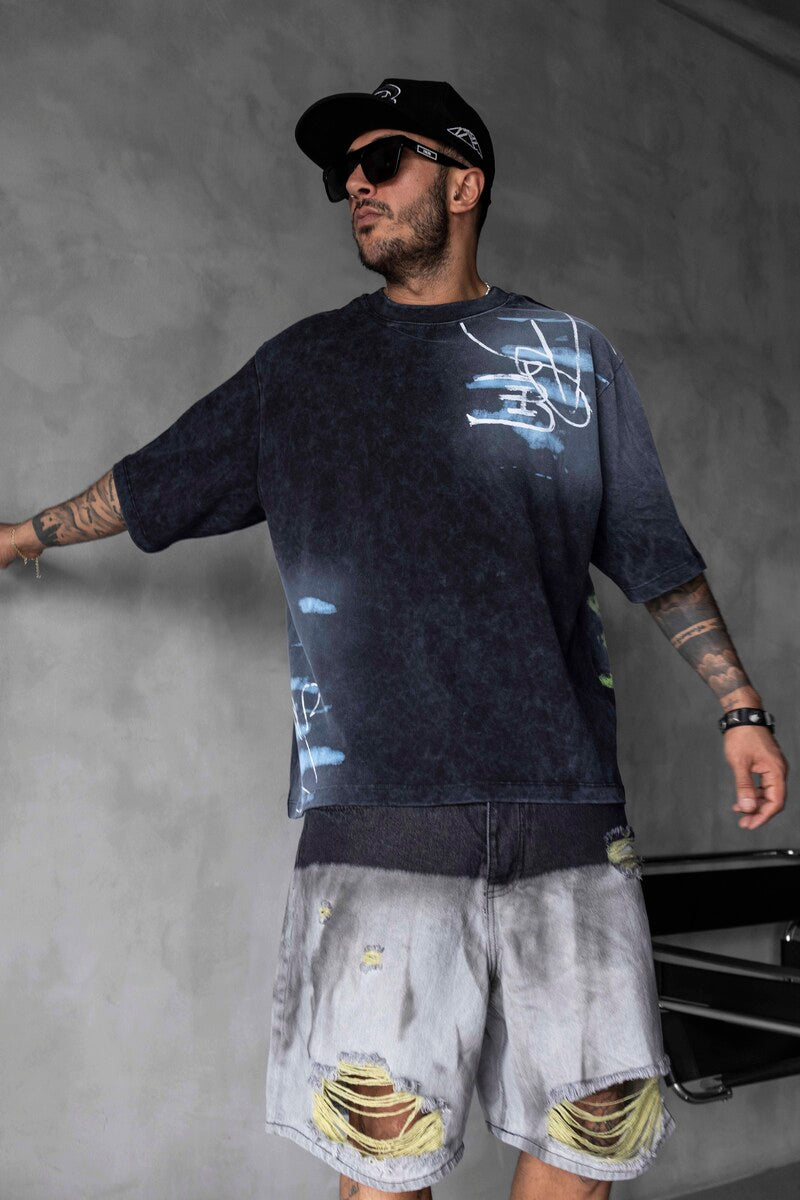 Colorful Dog Print Oversized Black T-Shirt 1859