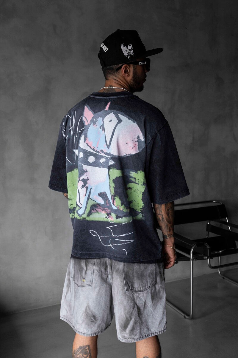 Colorful Dog Print Oversized Black T-Shirt 1859