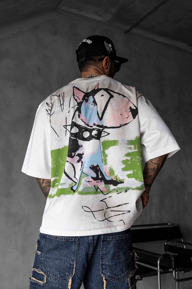 Colorful Dog Print Oversized White T-Shirt 1859