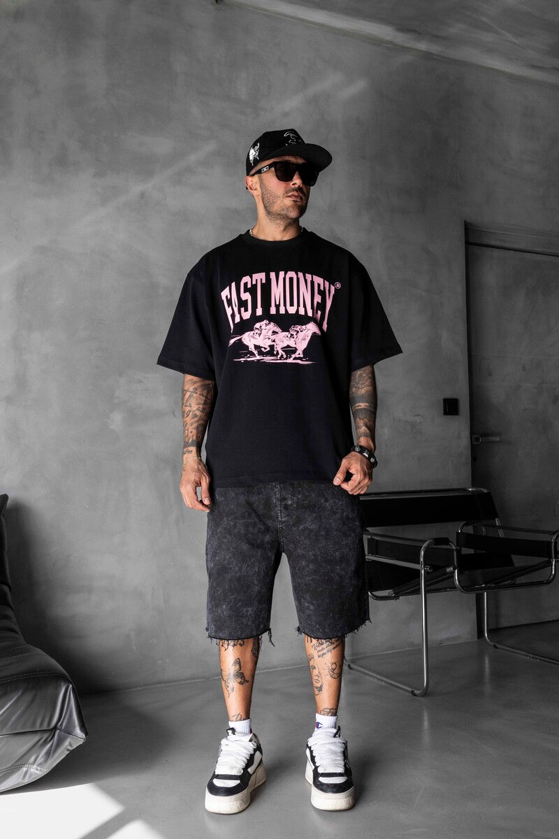 Fast Money Horse Racing Print Black Oversized T-Shirt 1869