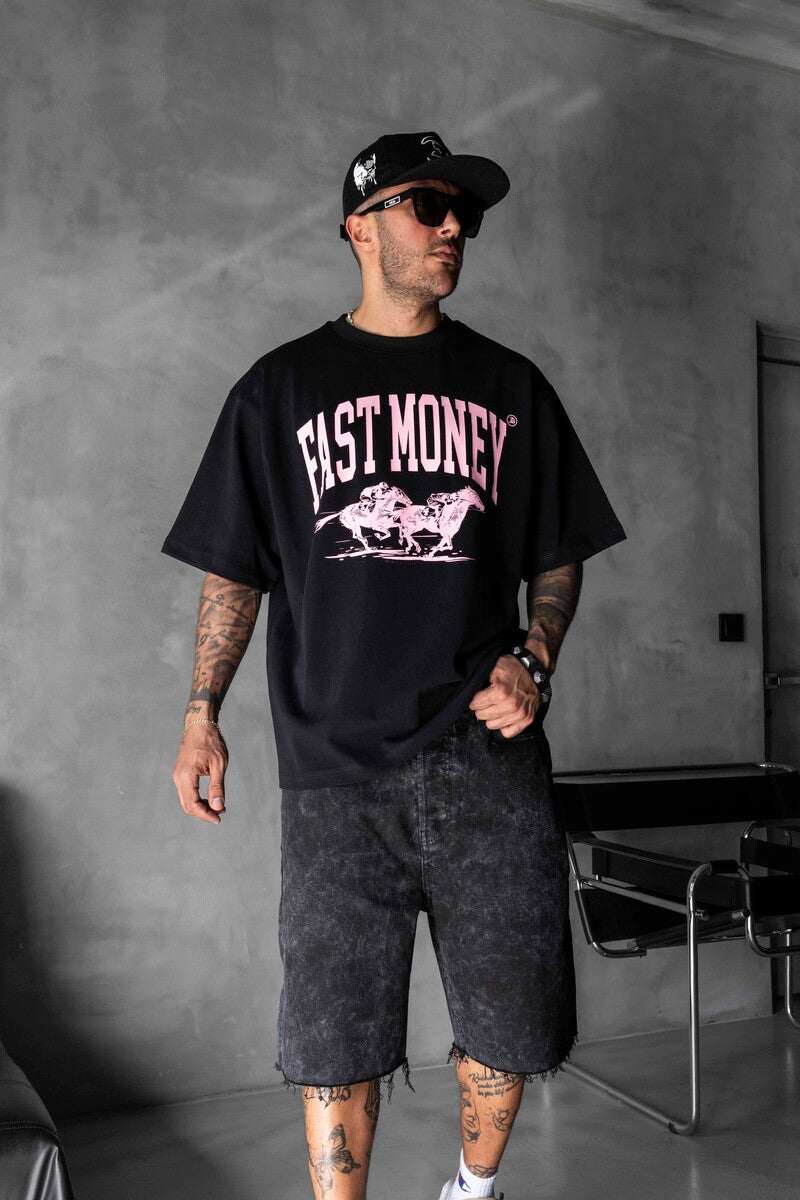 Fast Money Horse Racing Print Black Oversized T-Shirt 1869
