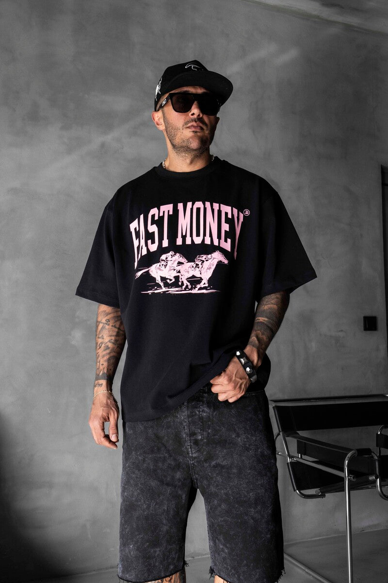 Fast Money Horse Racing Print Black Oversized T-Shirt 1869