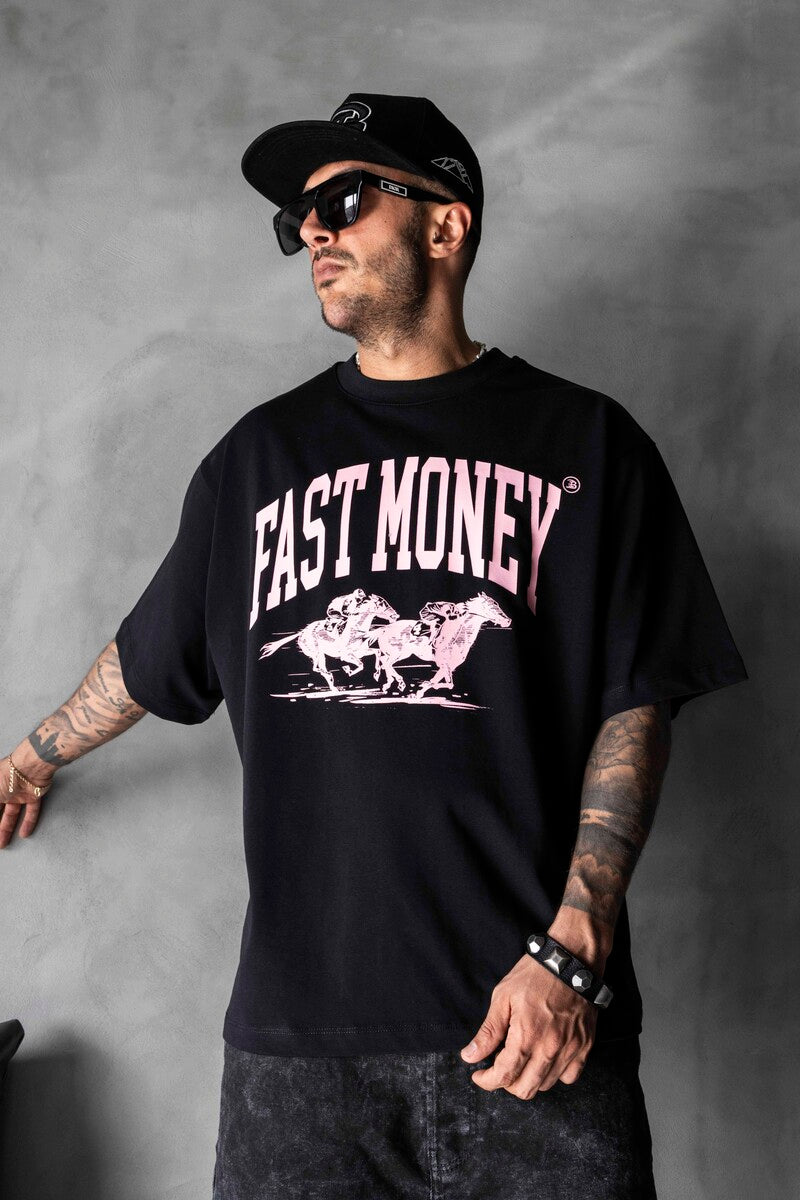 Fast Money Horse Racing Print Black Oversized T-Shirt 1869
