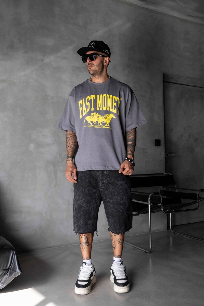 Fast Money Horse Racing Print Gray Oversized T-Shirt 1869