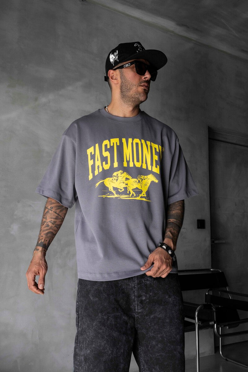 Fast Money Horse Racing Print Gray Oversized T-Shirt 1869