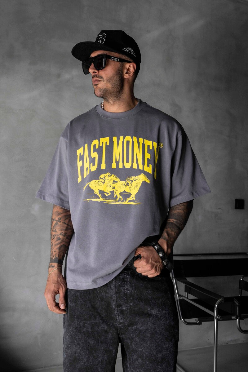 Fast Money Horse Racing Print Gray Oversized T-Shirt 1869