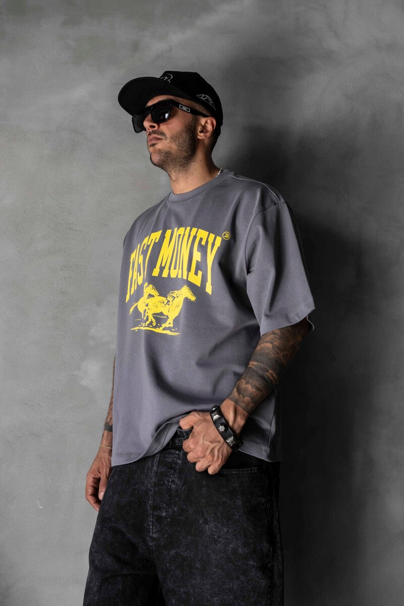 Fast Money Horse Racing Print Gray Oversized T-Shirt 1869