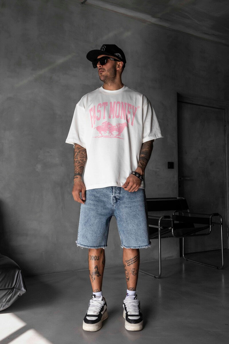 Fast Money Horse Racing Print White Oversized T-Shirt 1869