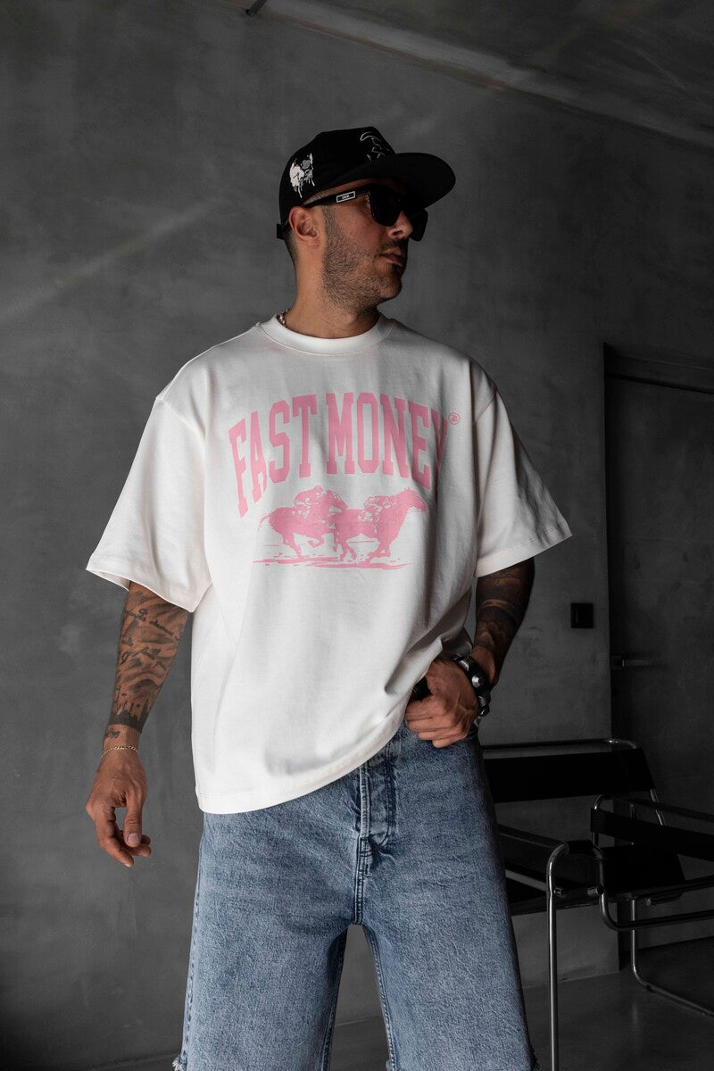 Fast Money Horse Racing Print White Oversized T-Shirt 1869