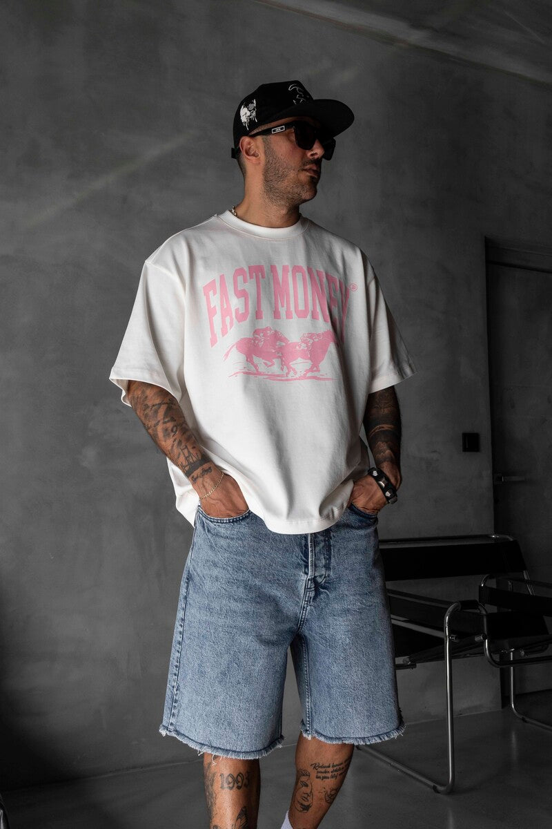 Fast Money Horse Racing Print White Oversized T-Shirt 1869