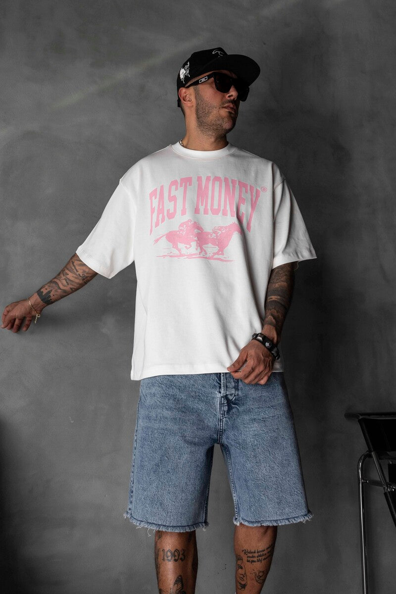 Fast Money Horse Racing Print White Oversized T-Shirt 1869