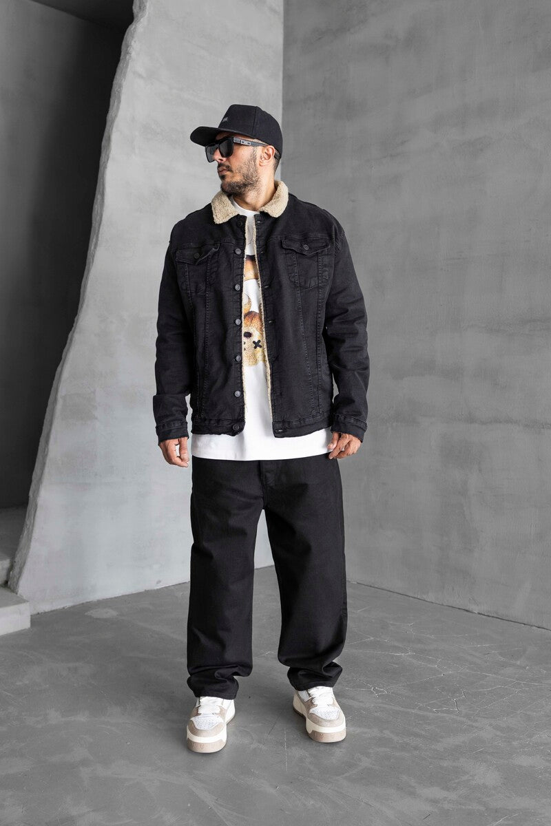 FUR COLLOR DENIM JACKET BLACK 15955