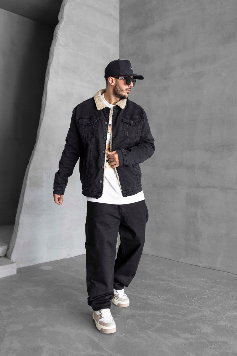 FUR COLLOR DENIM JACKET BLACK 15955