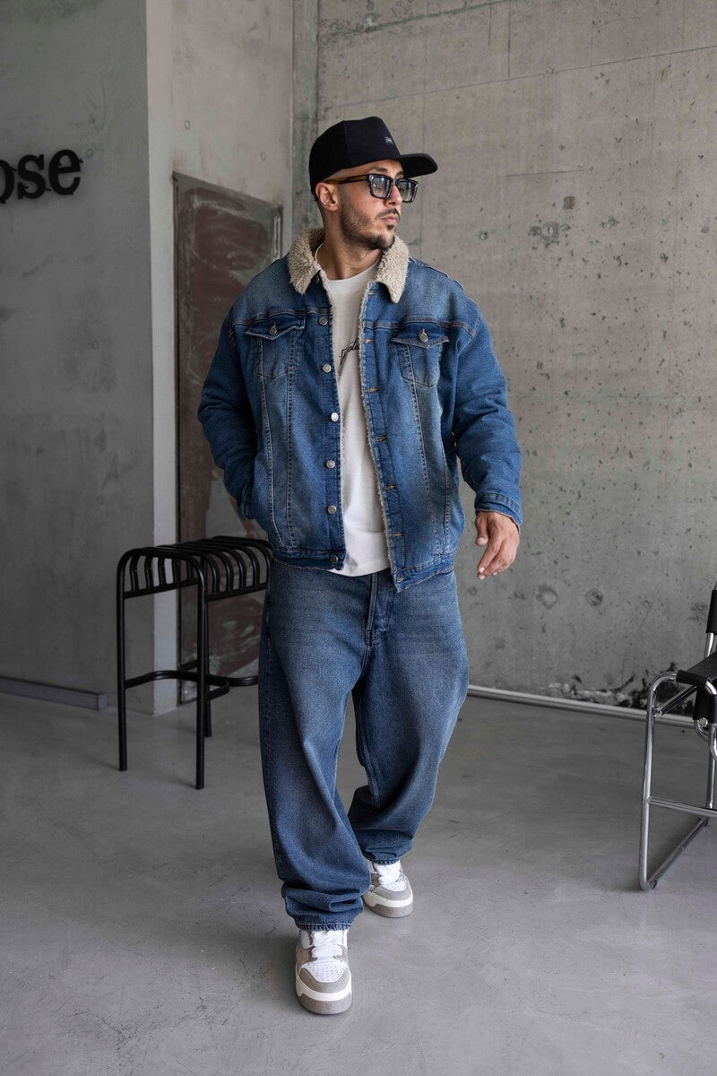 fur collor denım jacket blue 15405