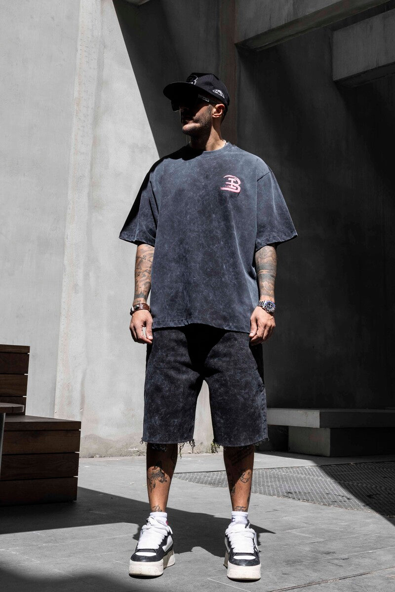 Graffiti Print Oversized Washed Black T-Shirt 1860