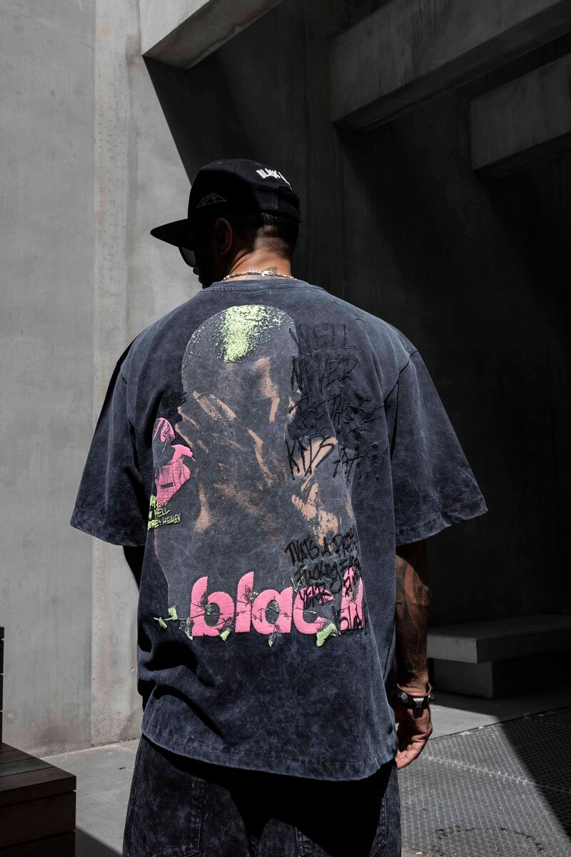 Graffiti Print Oversized Washed Black T-Shirt 1860