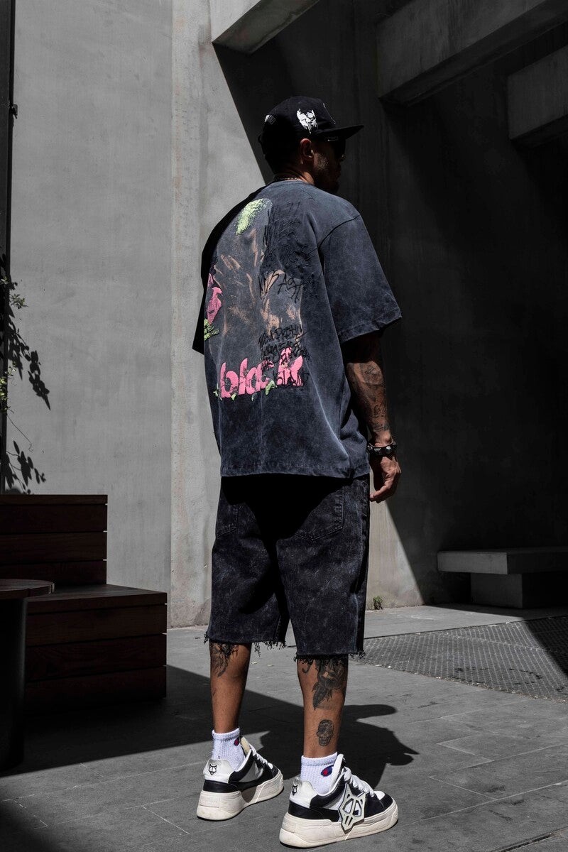 Graffiti Print Oversized Washed Black T-Shirt 1860