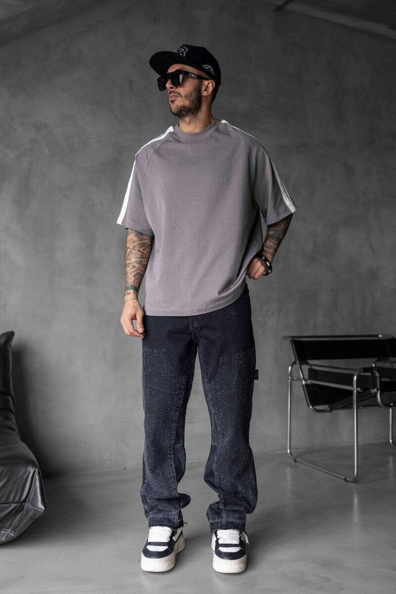 Gray Oversized T-Shirt with Black Stripes 1834