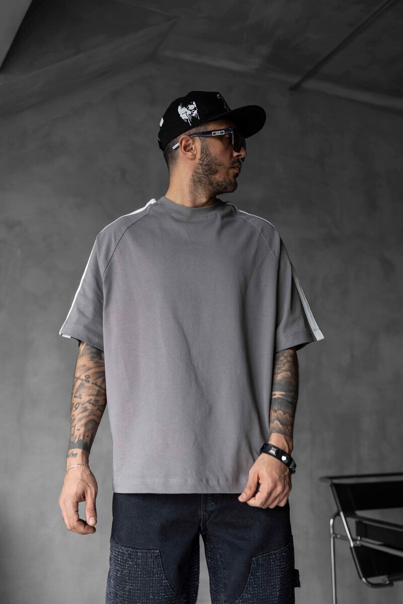 Gray Oversized T-Shirt with Black Stripes 1834
