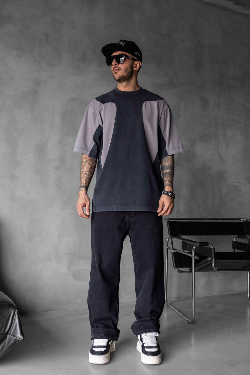 HEAVYWEIGHT SPLIT EMBROIDERED WASHED BLACK T-SHIRT 1831