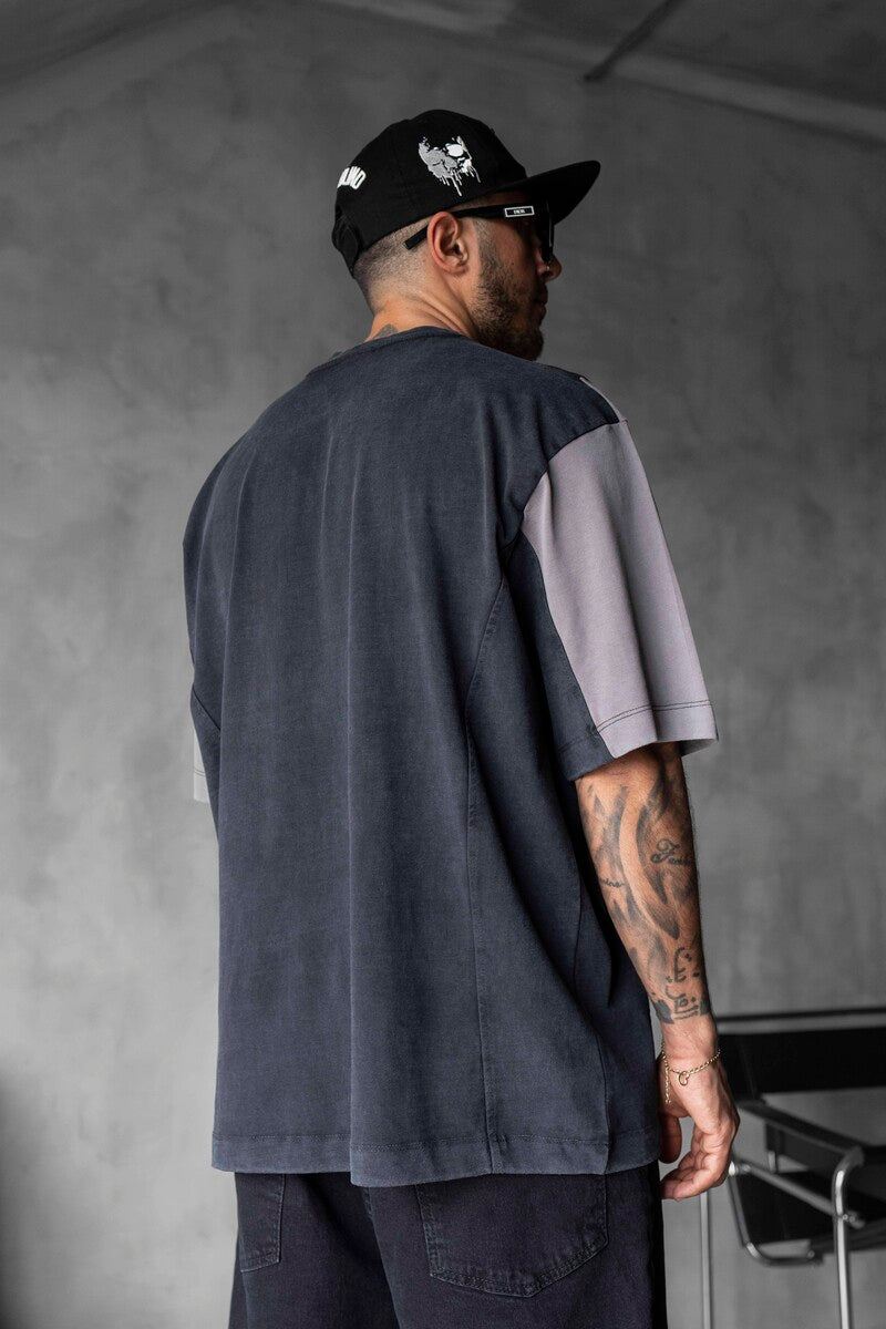 HEAVYWEIGHT SPLIT EMBROIDERED WASHED BLACK T-SHIRT 1831