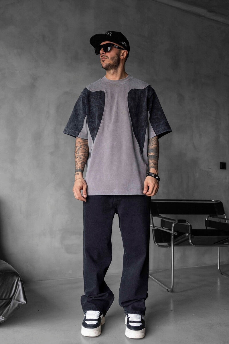 HEAVYWEIGHT SPLIT EMBROIDERED WASHED GRAY T-SHIRT 1831