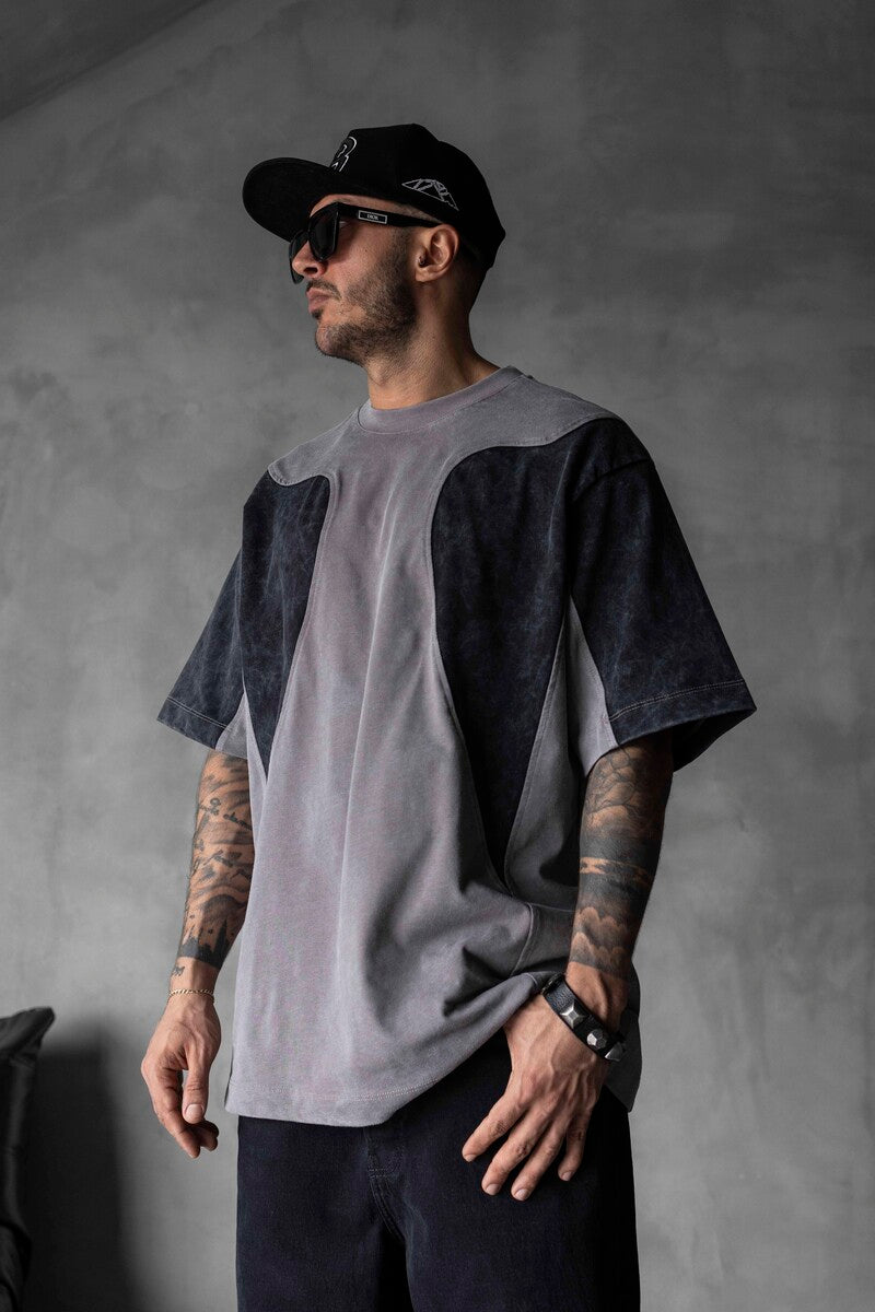 HEAVYWEIGHT SPLIT EMBROIDERED WASHED GRAY T-SHIRT 1831