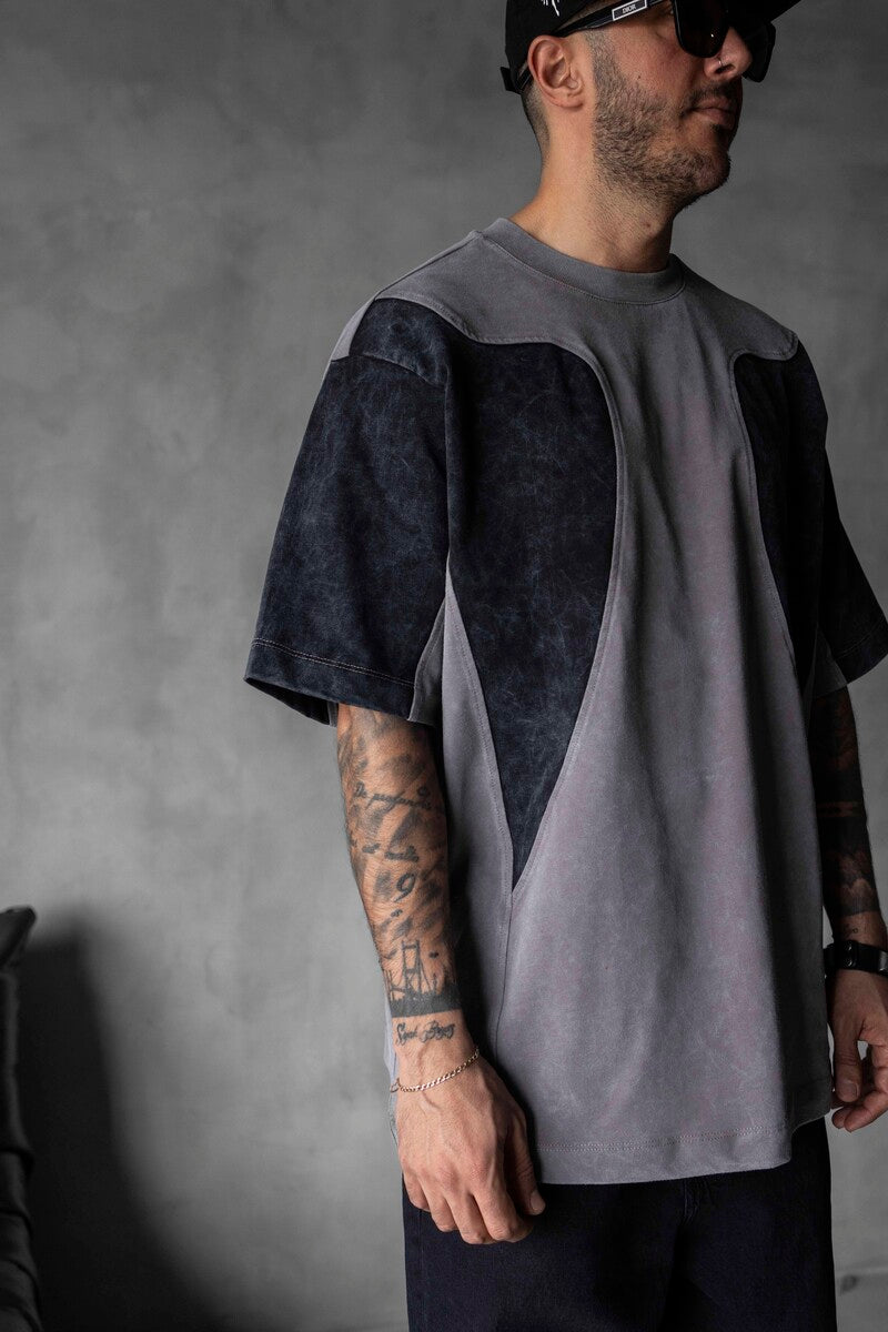 HEAVYWEIGHT SPLIT EMBROIDERED WASHED GRAY T-SHIRT 1831
