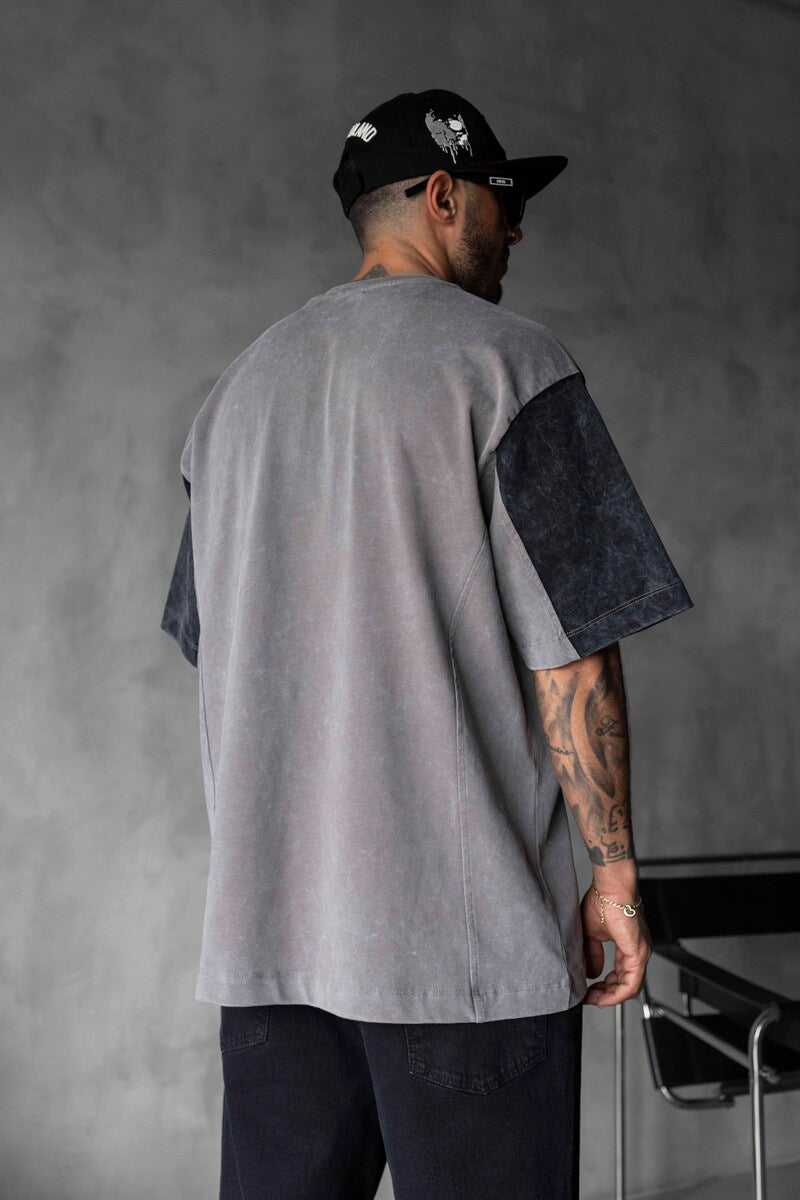 HEAVYWEIGHT SPLIT EMBROIDERED WASHED GRAY T-SHIRT 1831